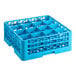 A blue plastic glass rack with 16 compartments and two extenders.