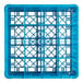 A blue plastic glass rack with 16 compartments and two extenders.