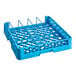 A blue plastic dish rack with holes.