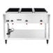 A stainless steel electric three-pan hot food table with sealed wells and an open lower shelf.