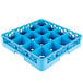 A blue plastic container with 16 compartments and holes.