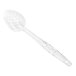 A clear plastic Cambro salad spoon with holes.