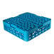 A blue plastic 20-compartment tilted cup rack with one extender.