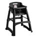 A black Rubbermaid restaurant high chair without wheels.