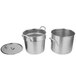 A Vollrath stainless steel double boiler set with three pots and lids.