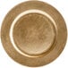 A gold charger plate with a white border.