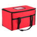 A red San Jamar insulated food delivery bag with a zipper.