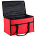 A red insulated San Jamar food delivery bag with black straps and a zipper.