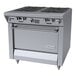 A stainless steel commercial gas range with four burners and a standard oven.