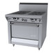 A commercial stainless steel 4-burner gas range with a standard oven and control knobs on the front.