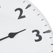 A white clock with black numbers and a long handle.