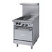A close-up of a large stainless steel Garland range with two burners, a griddle, and an oven.