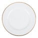 A white porcelain salad or dessert plate with a gold line around the rim.