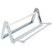 A metal paper cutter with a wooden handle.