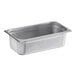 A stainless steel 1/3 size, 4-inch deep steam table or hotel pan.