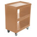 A coffee beige plastic utility cart with three shelves on wheels.