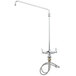 A silver T&S deck-mounted pantry faucet with flex inlets and a hose.