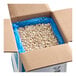 A large open cardboard box lined with a blue plastic bag and filled with dried small lima beans.