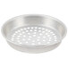 A silver round metal pan with holes.