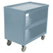 A slate blue plastic cart with wheels.