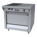 A commercial stainless steel range with two burners, an even heat hot top, and a standard oven.