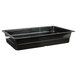A black rectangular melamine food pan with a lid.