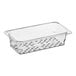 A clear plastic colander pan with holes on the bottom.