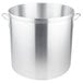 A large silver aluminum stock pot with two handles.