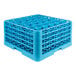 A blue plastic glass rack with 30 compartments and four extenders.