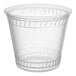 A clear, compostable 9 oz. plastic squat cold cup with decorative ridges.