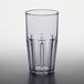 A clear plastic tumbler with a black rim.