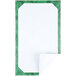 A white rectangular menu paper with a green angled marble border.