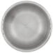 A close-up of a silver stainless steel pan with a circular design and a handle.