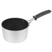 A silver Vollrath sauce pan with a black handle.