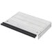 A silver metal plate with a black edge.