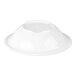 A white, rimmed melamine bowl shown upside down.