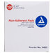 A white box with blue and red text that reads "Medi-First" and "Non-Adherent Absorbent Sterile Pad" with a red and blue circle that reads "Medique" and "100/Box"