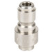 A T&S stainless steel threaded quick connect fan spray head with a threaded end.