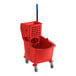 A red Lavex mop bucket with a blue side press wringer.