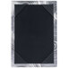 A black rectangular aluminum menu tent with a metal border on a white background.