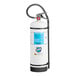 A white fire extinguisher with a blue label and black handle.