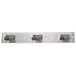 A stainless steel wall mounted mop hanger with three hooks.