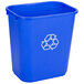 A blue rectangular recycling wastebasket with a recycle symbol.