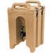 A tan plastic Cambro Camtainer with a handle.