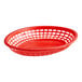 A red plastic Tablecraft fast food basket with oval holes and a handle.