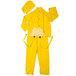 A close up of a yellow Cordova StormFront rainsuit jacket with suspenders.