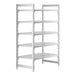 A white plastic Cambro Camshelving® Premium shelving unit with 5 vented shelves.