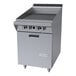 A stainless steel 24-inch briquette charbroiler with storage base and control knobs, designed for commercial kitchens.