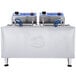 A Globe dual tank electric countertop fryer with two stainless steel pots and blue handles.