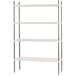 A white metal Advance Tabco shelving unit with four shelves and adjustable chrome posts.